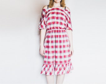 Off Shoulder Dress, Red Pink Dress, Vintage Dress, Plaid Dress, Summer Dress, Peasant Dress, Midi Dress, Boho Dress, Size Medium Dress