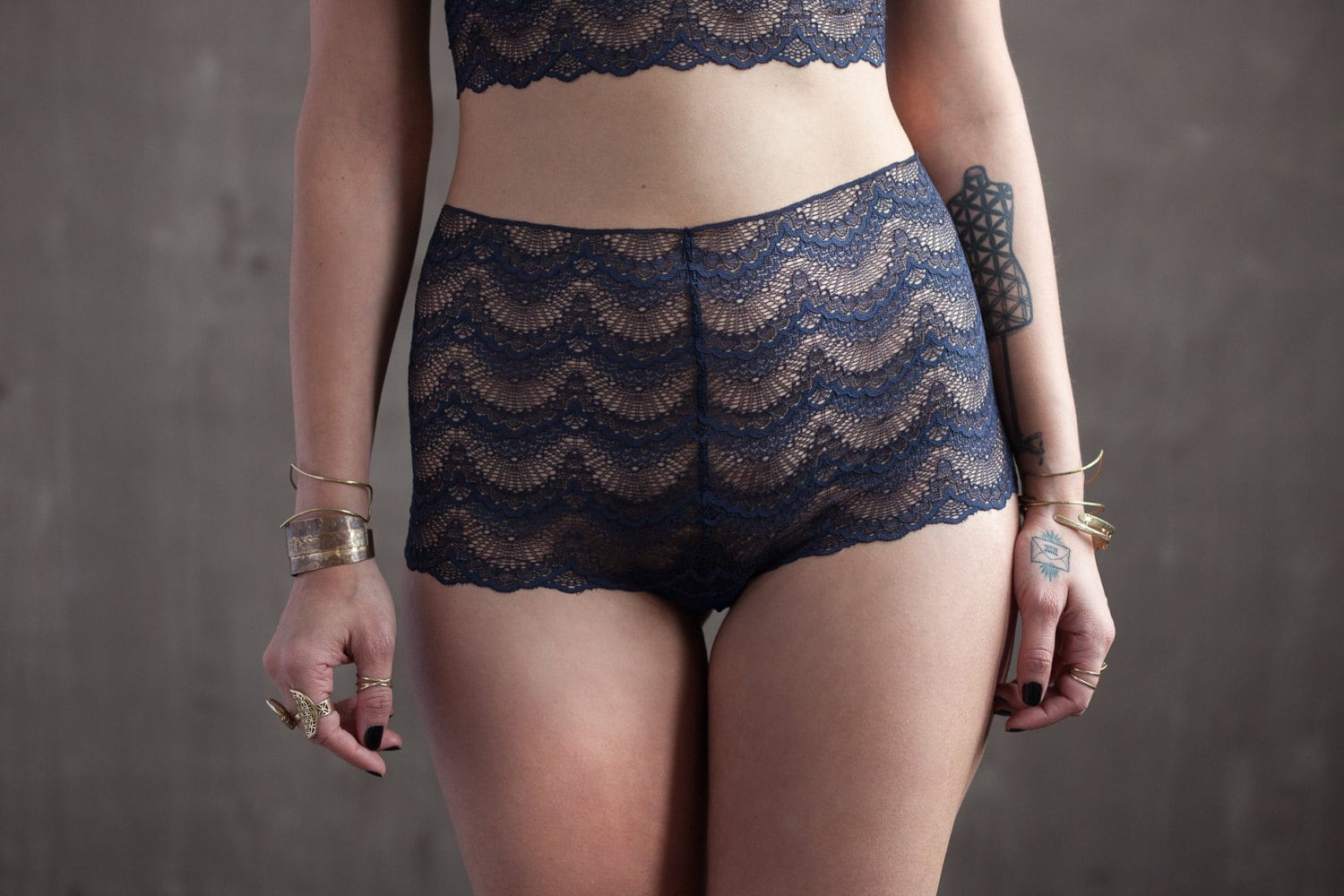 Mid Rise Navy Blue Lace Panties with Organic Cotton Liner