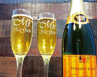 Personalized Toasting Glasses, Wedding Gift Champagne Glasses, Custom Engraved Glass, Etched, Mr Mrs Champagne Flutes, Set of 2 - 48 DESIGNS