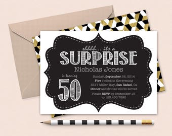 Surprise 50th Birthday invitation-- Printable or Printed // 30th birthday// 40th // 21st // 60th // personalized invitation // monochrome