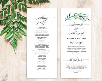 Printable wedding program template, Greenery Wedding Programs, Wedding Programs Template, Editable Text, Tea Length, Eucalyptus Greenery