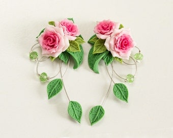 Pink rose earrings. Dangle earrings. Pink flower earrings. Polymer clay jewelry. Pink green earrings. Rose jewelry. Pink Bridesmaids gift