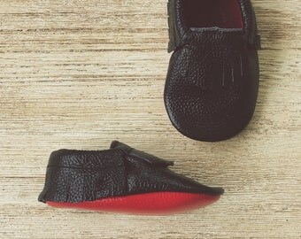 Red Bottom Moccasins Baby Loub Black Baby Moccasins Black Leather Toddler Moccasins Red Sole Baby Leather Toddler Moccasins Black Moccs