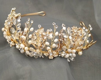 Freshwater Pearl Wedding Crown,Wedding Crown Headpiece,Crystal Bridal Tiara,Rhinestone Wedding Tiara, Bridal Hair Accessory,Gold HMH05029
