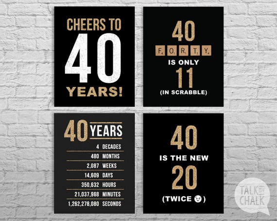 40th Birthday Black and Gold Glitter PRINTABLE Signs 40th