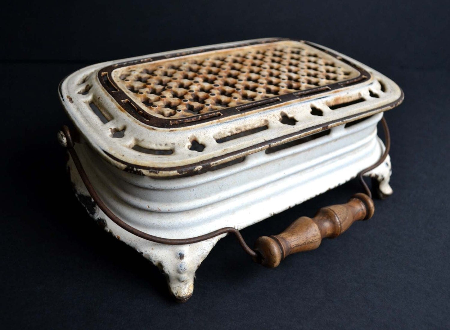 Antique French White Cast Iron Enamel Foot Warmer Heater Plate