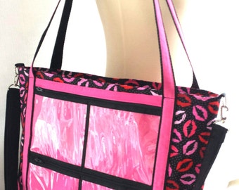 Lips fabric Consultant Catalogue Display Tote Bag with pink accent.Direct Sales rep advertise your business bag.clear picture window pockets