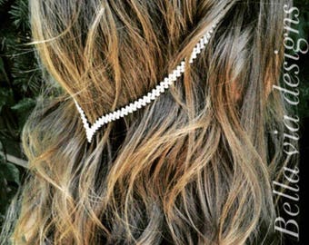 Clip-In Hair Jewelry, Delicate Hair Chain Accessory, Tribal Head Chain, Crystal Jewels And Silver Hippie Wedding Head Piece.