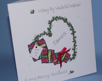 Lovely Personalised Handmade  Holly Heart Design Christmas  Card. Husband, Wife, Boyfriend, Girlfriend, etc