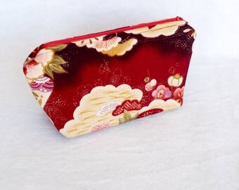 Japanese Chirimen Cosmetic Pouch/ Japanese Chirimen Cosmetic Case (Deep Red)/ Japanese Chirimen Pencil Case/ Authentic Japanese Fabric