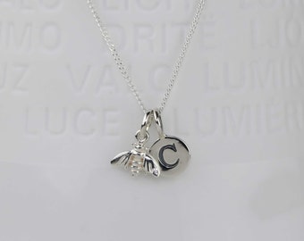 Solid Silver Miniature Bee Charm Necklace Personalised with a Solid Silver Stamped Initial Charm