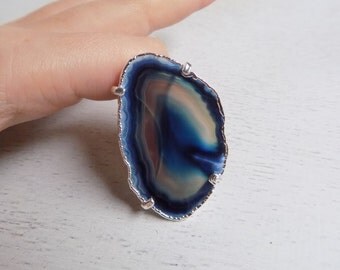 Agate Ring, Sliced Agate Ring, Blue Geode Ring, Boho Ring, Silver Statement Ring, Large Gemstone Ring, Crystal Ring, Adjustable Ring, 8-42