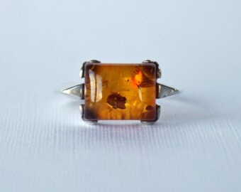 Rustic Amber Sterling Silver Ring Vintage 70s 1970s Rare Unique Earth Orange Red Gemstone Precious Hippie Gift Present Girlfriend Love