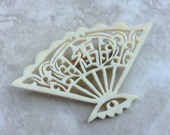 Vintage Chinese Carved Bone Fan Brooch Fu 福 Happy Lucky Easter Jewelry
