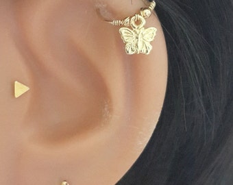 Gold Butterfly Cartilage Earring, Endless Hoop Cartilage Earrings, Tragus, Helix Earring, Lobe Ear Piercing, 16-22 Gauge,6-11mm Diameter