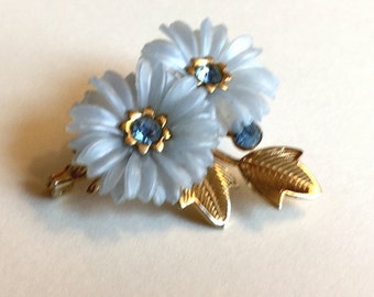 Vintage Molded Blue Plastic Flower with Rhinestones and Gold Tone Leaves Brooch