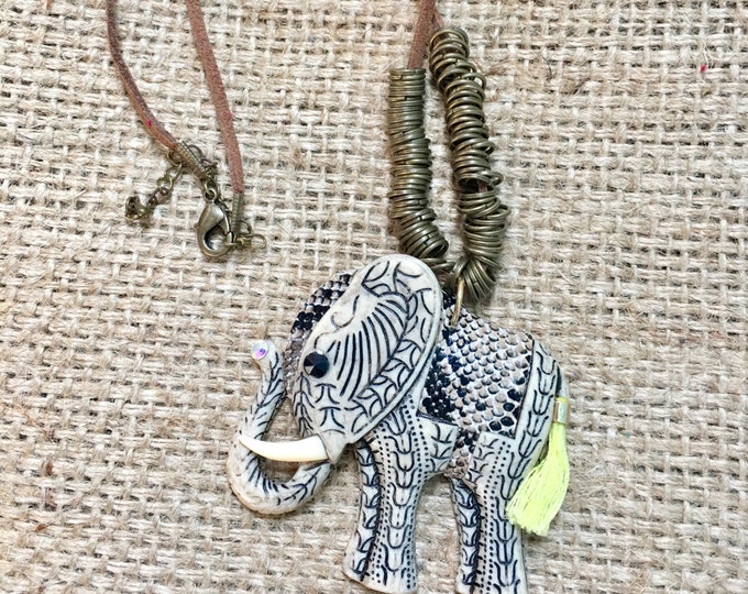 Elephant Necklace, Tribal Necklace. Leather Necklace, Neon Tassel Jewelry, Tribal Jewelry, Western Jewelry, Large Elephant, Festival Jewelry