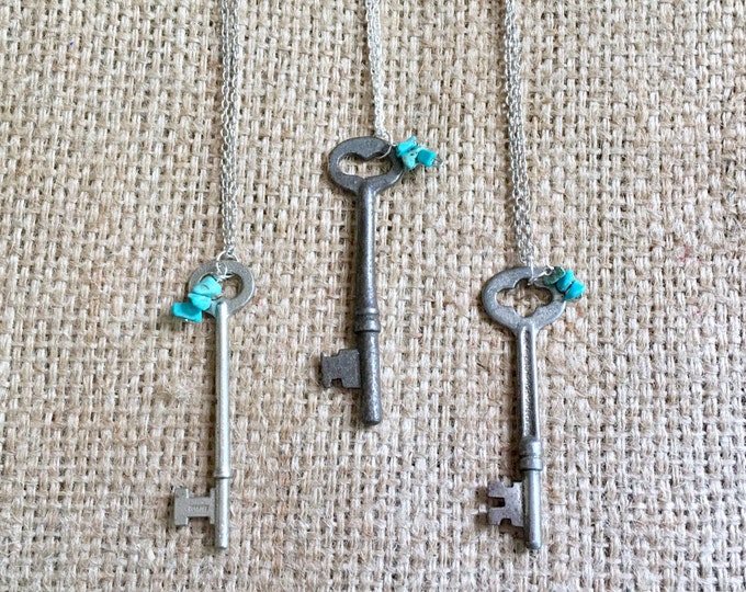 Key Necklace, Silver Key Necklace, Skeleton Key Jewelry, Vintage Key Necklace, Turquoise Necklace, Real Key Necklace, Retro Key Necklace