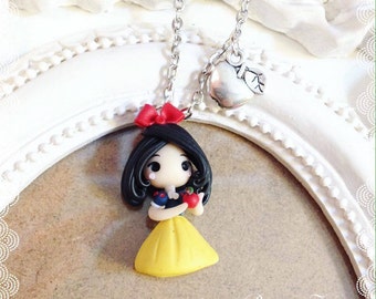 Disney snow white Fimo Polymer Clay necklace Kawaii Cute Chibi tiny Princess Princess Snow White Fairytale Apple Charms Handmade gift