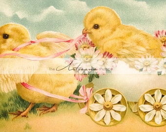 Chick Chariot Easter Greeting Art Vintage Antique Easter Egg Chicks - Digital Download Printable Art - Paper Craft Scrapbook Altered Art