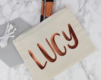 Name Make Up Bag - Personalised Cosmetic Bag - Personalized Makeup Bag - Cosmetic Bag - Name Zipped Make Up Pouch - Copper Personalised Bag