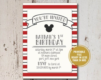 Mickey Mouse Birthday Invitation, DIY Printable Kid's Birthday Invitation, Mickey First Birthday Party Invitation, Kid Disney Invitation