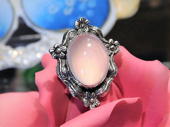 Vintage Pink Rose Quartz Sterling Silver Ring Large Statement Cocktail Ring Size 7 Flower Floral Motif Big Large Pink Cabochon Gemstone Ring