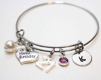 21st birthday bangle, 21st birthday bracelet, 21st birthday jewelry, 21st birthday gift, initial 21st birthday bangle, initial 21st birthday