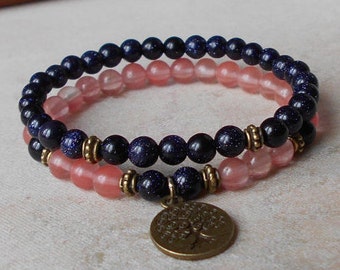 Set of 2 Women Beads Bracelet Beaded Womens Bracelets Tree of Life Bracelets Yoga bracelets Mala bracelet Blue and pink Bracelets Yoga set