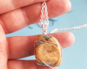Agate necklace, Mexican crazy lace agate, druzy stone pendant, polished stone, stone jewelry, wire wrapped stone necklace, wire wrap jewelry