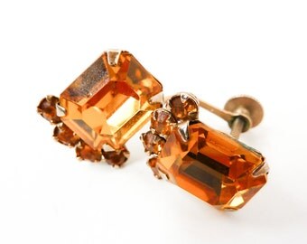 Vintage Orange Rhinestone Earrings from the 1940s with Screw Backs