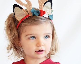 Reindeer Headband, Deer Antlers Headband, Reindeer Ears, Christmas Deer Headband, Rudolph Headband, Deer Ears, Fawn Ears, Holly Headband