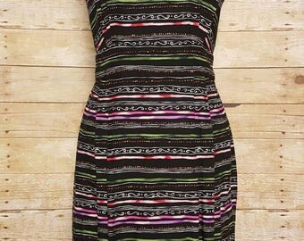 90s Positive Attitude Dress Size 12 Open Back Black Multicolor Rayon Graphic Print Lined