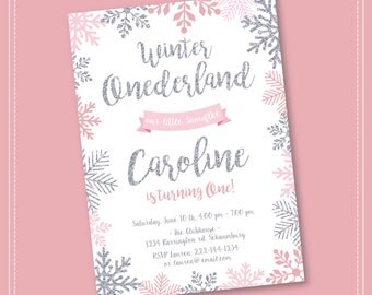 30% OFF SALE Winter Onederland Invitation, Pink and Silver, Birthday, Winter Onederland, Girl Onederland Invitation, 1st Winter Birthday