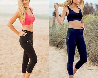 Capri 3/4 length workout leggings yoga pants capri gym tights yoga leggings side panels, pockets, high waist, soft stretch fabric australia