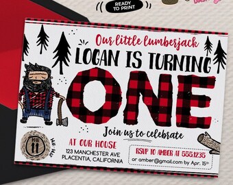 Doodly Lumberjack First Birthday invitation DIY Woods Woodland printable Birthday invite Lumberjack party invitation doodle