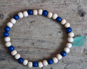 Beaded Bracelet, Surfer Bracelet, Sea Glass Jewelry, Beach Bangle, Surf Jewelry, Sea Glass Bracelet, Wooden Jewelry, Stacking Bangle, Ocean