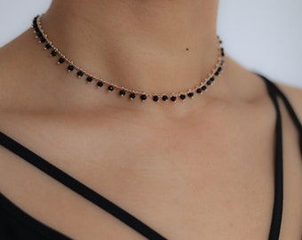 Black Czech Bead Choker - Boho Jewelry - Gold Choker Necklace - Black Choker - Delicate Gold Choker - Beaded Necklace - Gift for Her