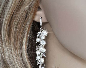 Handmade Swarovski Pearl and Crystal Dangle Bridal Earrings, Bridal, Wedding (Pearl-467)