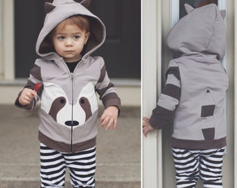 2T Grey Raccoon Hoodie with ears, baby zip Jacket , Animal Sweatshirt, Animal Hoodie ,Toddler jacket , medium weight , Animal Jacket