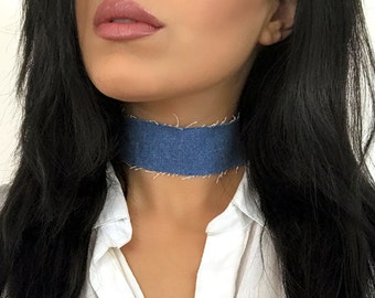 ZOOM Denim Choker Necklace, Jean Choker, Wide Choker