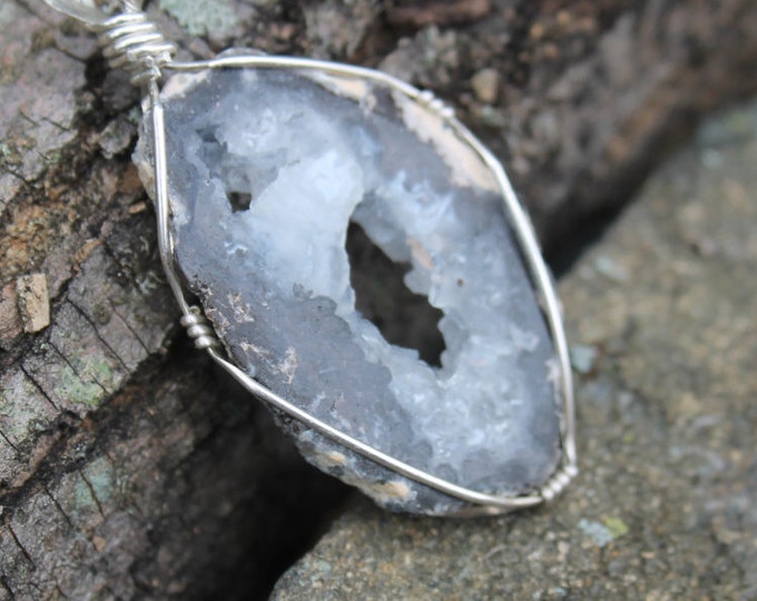 Sliced Druzy Geode with Sterling Silver Wire Wrap Pendant; Hand Cut and Polished Large Natural Stone Necklace, Earthy BoHo Hippie Jewelry