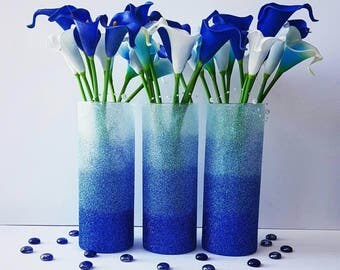 Wedding Centerpiece, Blue Ombre Vase, Glitter Vase, Blue Decor, Wedding Decor, Baby Shower Centerpiece, Bridal Shower Decor, SET OF 3