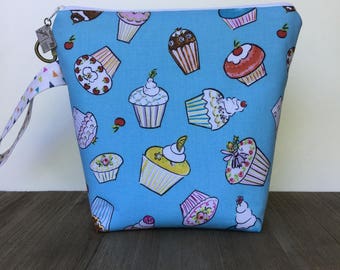 Project Bag, Knitting Bag, Knitting Project Bag, Crochet Bag, Wedge Bag, Zippered Pouch Bag, Sock Knitting, Cupcakes