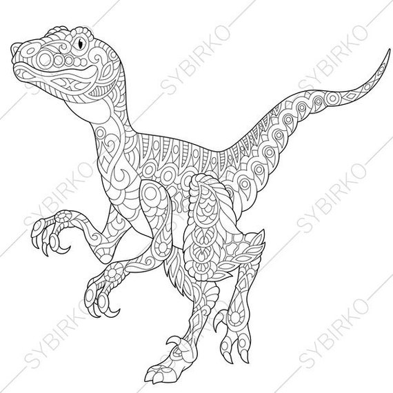 Adult Coloring Pages Dinosaur Velociraptor Zentangle Doodle Adults Digital Illustration