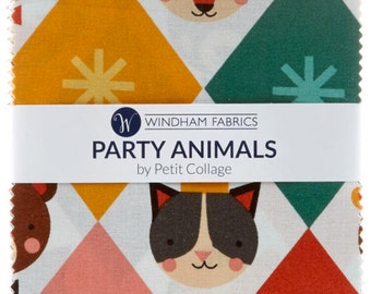 Party Animals Charm Pack by Petitcollage for Windham Fabrics - 42, 5 inch Precut Fabric Squares