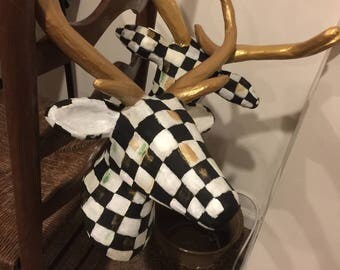 Whimsical Black and White Check, LARGE Trophy Deer Head