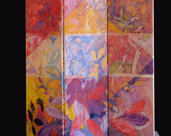 Three-part folding screen hand-painted-decorative flowers-VT Living style-original-pink warm tones-Dim. 150 x 150 cm