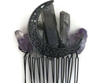 Amethyst Moon Hair Comb, Crystal Hair Comb, Braid Jewelry, High Priestess, Festival Hair Accessory, Amethyst Hair Comb, Quartz Hair Comb