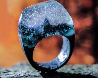 The Snowy Alps Ring, Wood Resin Ring, Womens wood ring, Beautiful wood, Natural wood, Gift ring, Secret world, Epoxy ring, Girlfriend gift
